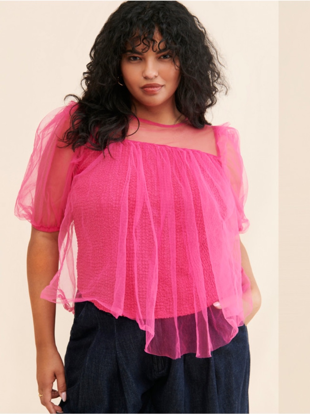 Anthropologie Sheer Mesh Tulle Puff Sleeve Blouse Top Hot Pink XL